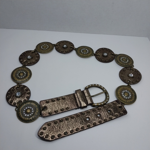 Source Unknown Accessories - Vtg Style Boho Western Concho Belt Metallic Discs Rhinestone Studded 34-36 inch